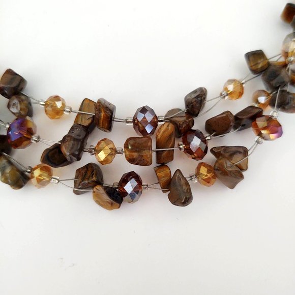 Brown stone & cognac crystal bead necklace on wire - Picture 7 of 7